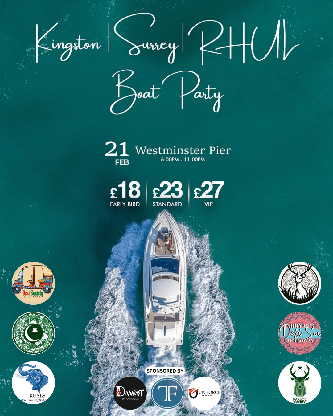 Kingston X Surrey X RHUL Boat Party poster