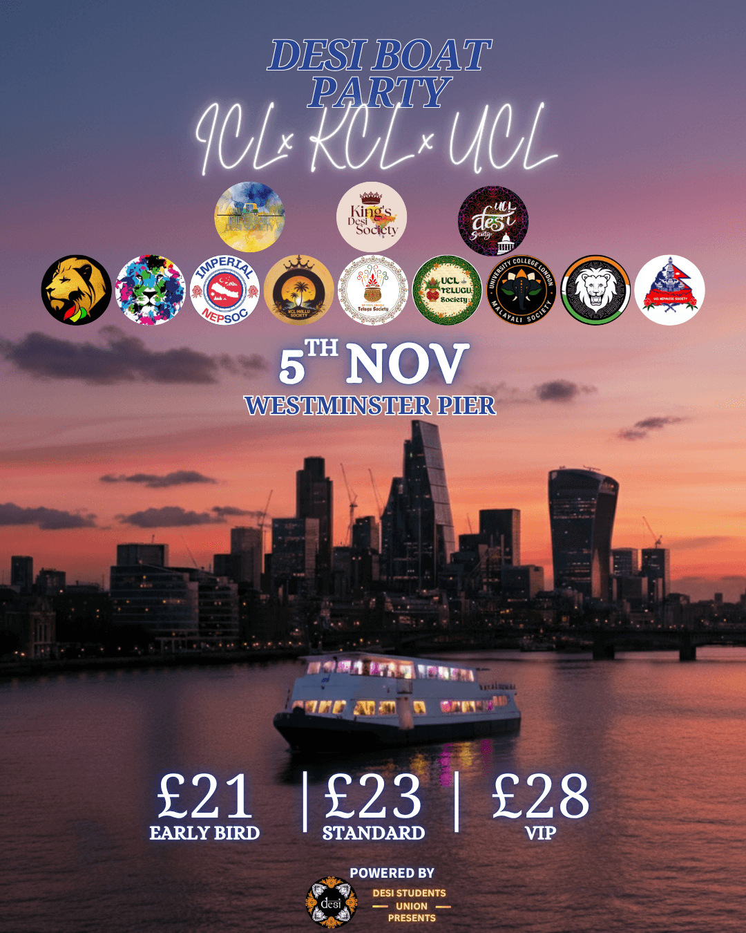 ICL X KCL X UCL Desi Boat Party poster